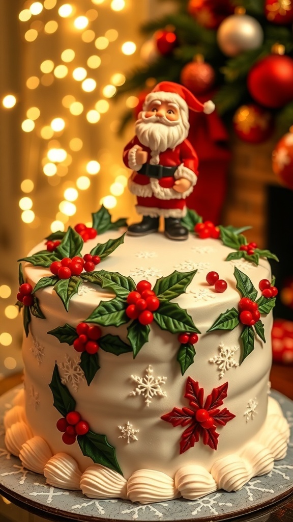 Festive Christmas Cake Decoration Ideas A festive Christmas cake decorated with holly, snowflakes, and a Santa figurine, set in a holiday-themed background.